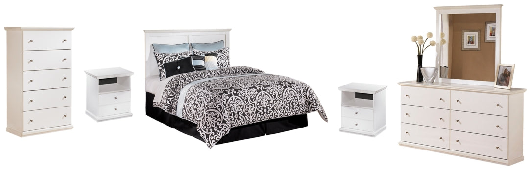 Bostwick Shoals Queen/Full Panel Headboard Bed with Mirrored Dresser, Chest and 2 Nightstands - furniture place usa