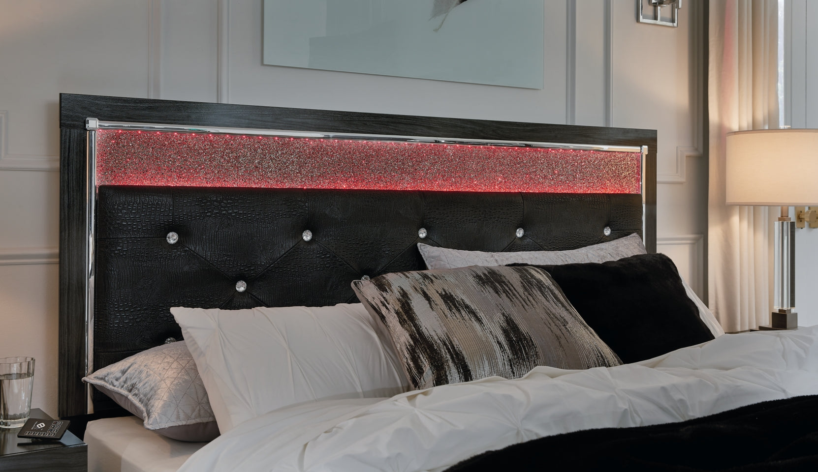 Kaydell King Upholstered Panel Headboard with Mirrored Dresser, Chest and Nightstand - furniture place usa