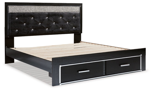 Kaydell King Upholstered Panel Storage Platform Bed with Mirrored Dresser and 2 Nightstands - furniture place usa