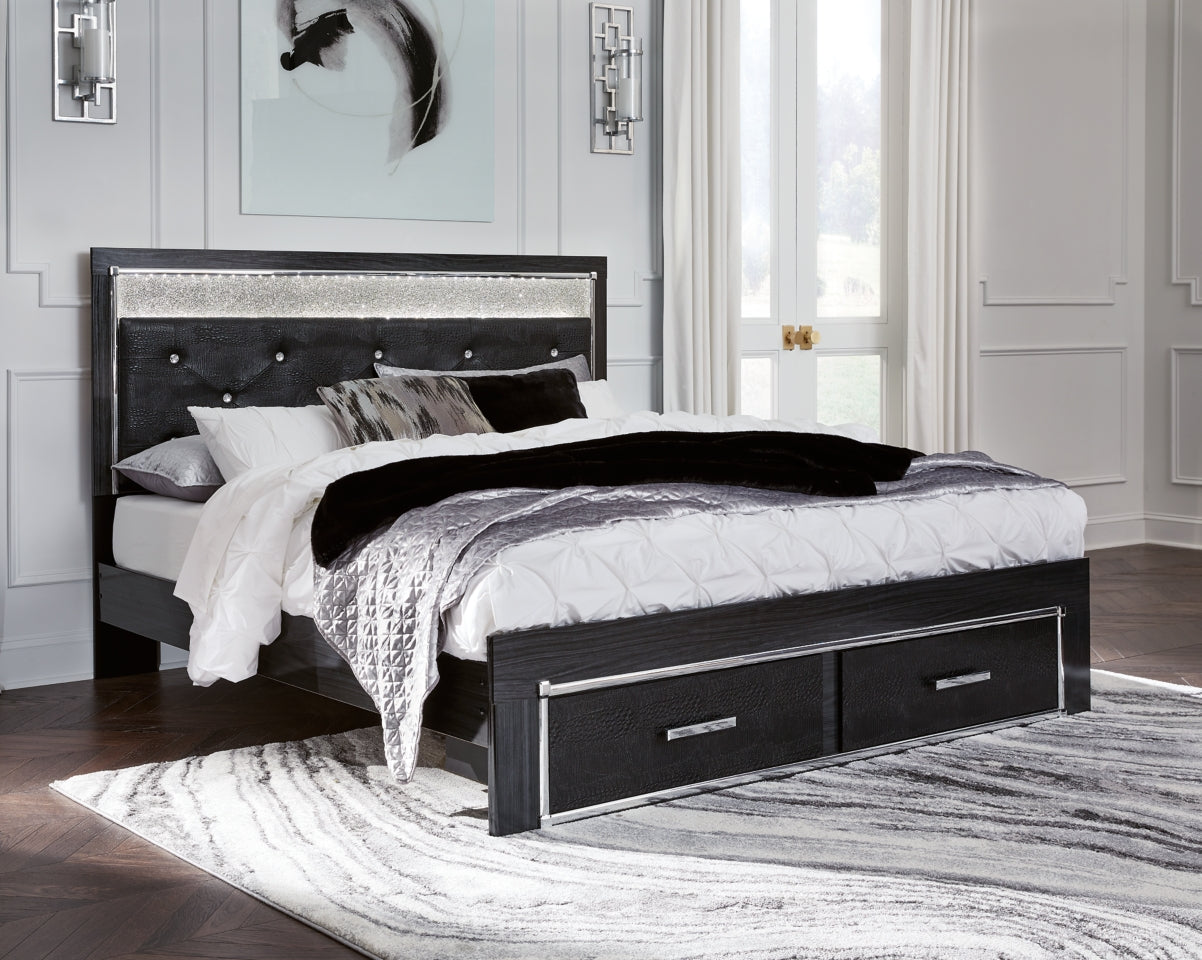 Kaydell King Upholstered Panel Storage Bed with Mirrored Dresser, Chest and Nightstand - furniture place usa