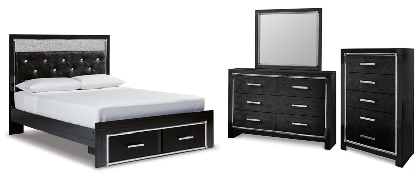 Kaydell Queen Upholstered Panel Storage Platform Bed with Mirrored Dresser and Chest - furniture place usa