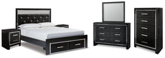 Kaydell Queen Upholstered Panel Storage Bed with Mirrored Dresser, Chest and 2 Nightstands - furniture place usa