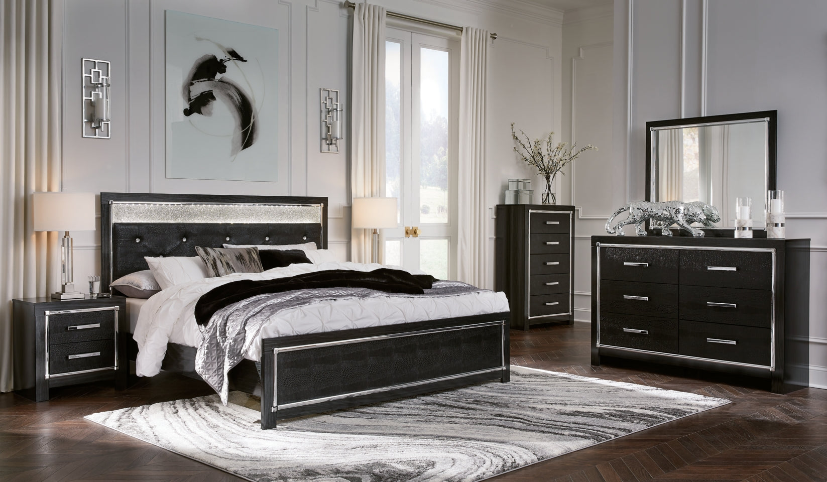Kaydell King Upholstered Panel Bed with Mirrored Dresser, Chest and 2 Nightstands - furniture place usa