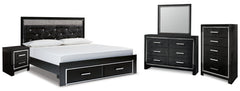 Kaydell King Upholstered Panel Storage Platform Bed with Mirrored Dresser, Chest and Nightstand - furniture place usa