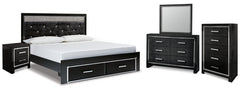 Kaydell King Upholstered Panel Storage Bed with Mirrored Dresser, Chest and Nightstand - furniture place usa