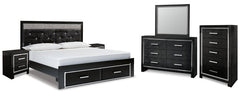 Kaydell King Upholstered Panel Storage Bed with Mirrored Dresser, Chest and 2 Nightstands - furniture place usa