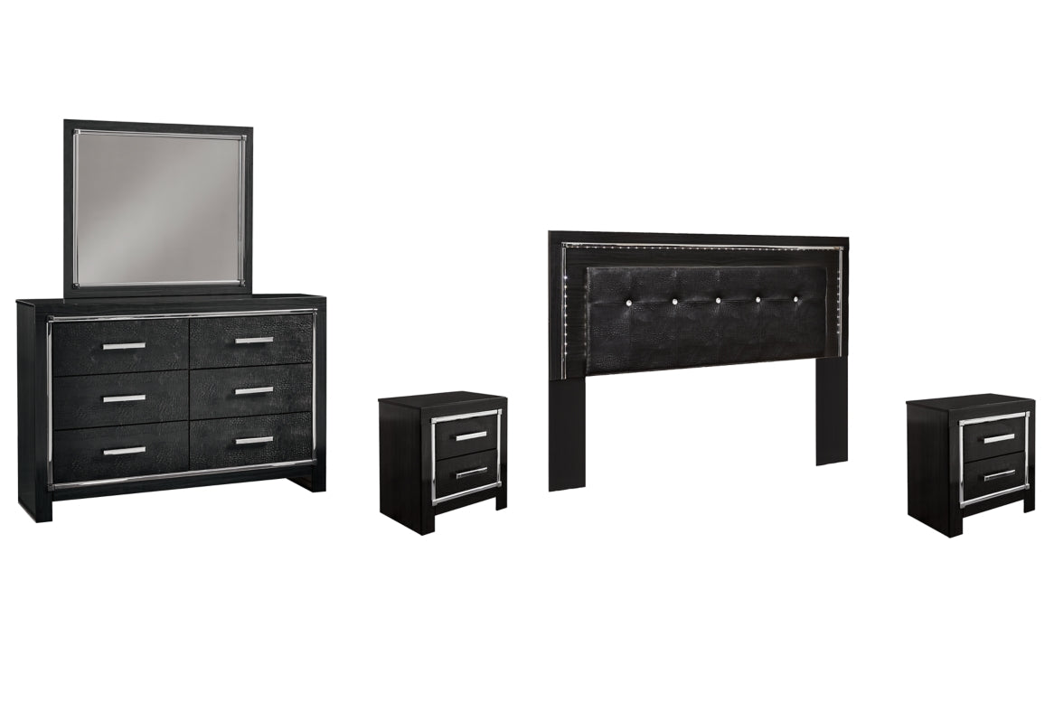 Kaydell King/California King Upholstered Panel Headboard Bed with Mirrored Dresser and 2 Nightstands - furniture place usa