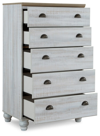 Haven Bay Queen Panel Storage Bed with Mirrored Dresser, Chest and 2 Nightstands - furniture place usa
