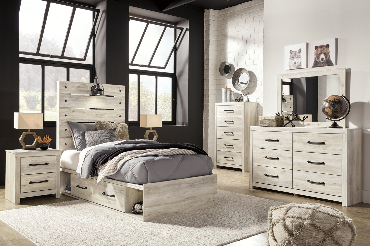 Cambeck Twin Panel Bed with 4 Storage Drawers with Mirrored Dresser, Chest and 2 Nightstands - furniture place usa