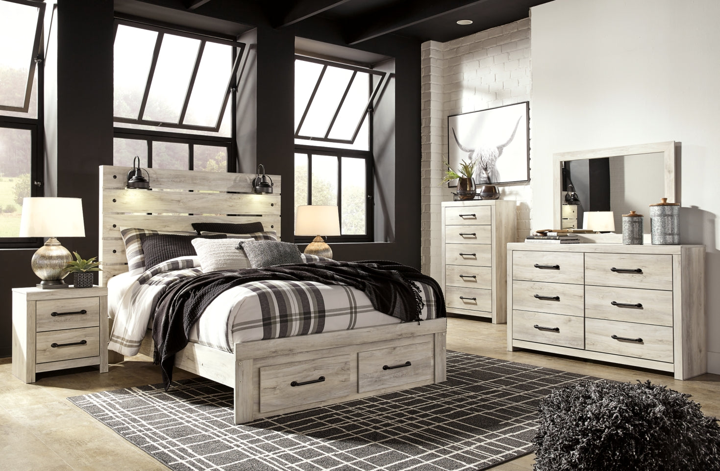 Cambeck King Panel Bed with 2 Storage Drawers with Mirrored Dresser, Chest and 2 Nightstands - PKG003048 - furniture place usa