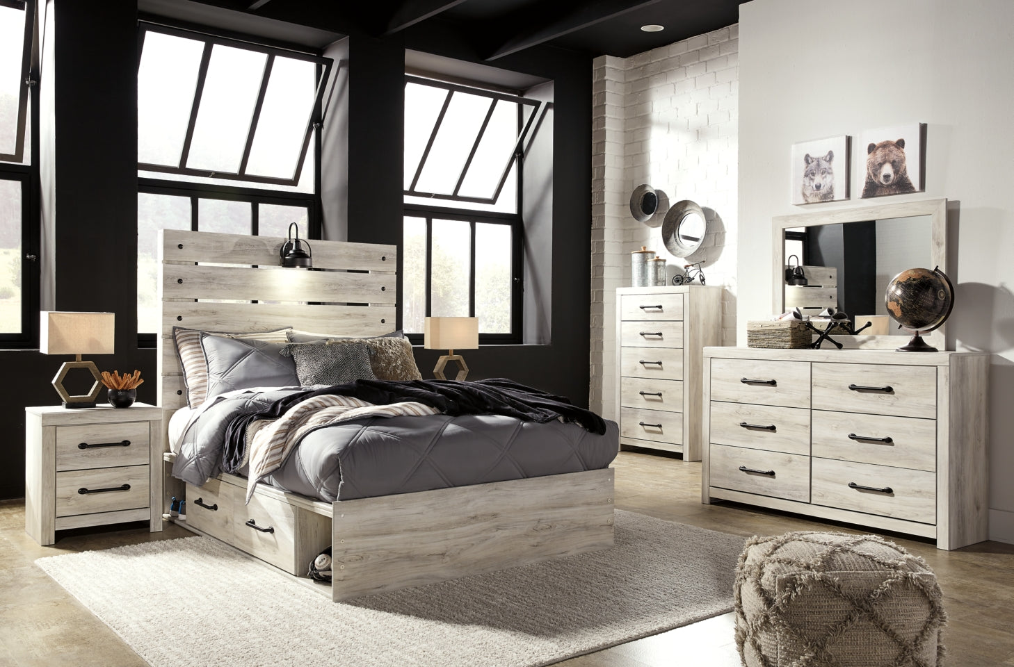 Cambeck Full Panel Bed with 4 Storage Drawers with Mirrored Dresser, Chest and 2 Nightstands - furniture place usa