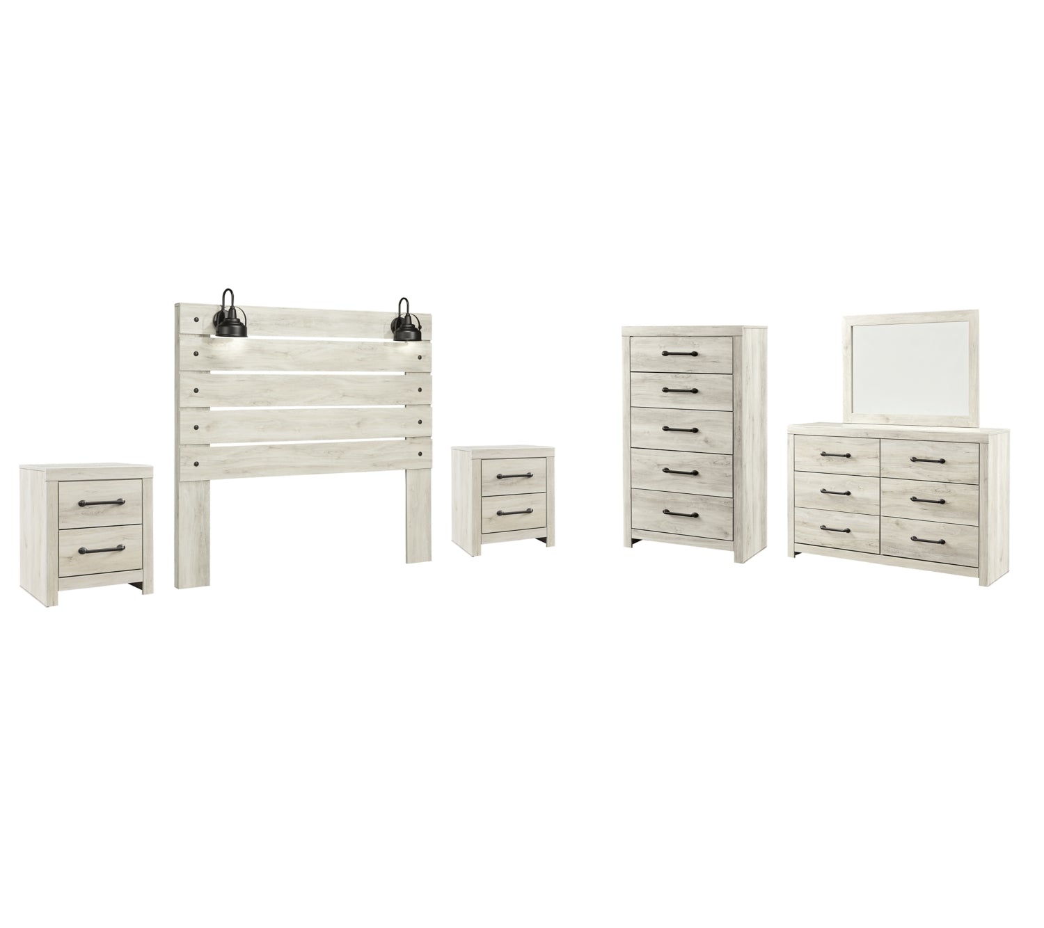 Cambeck Twin Panel Headboard Bed with Mirrored Dresser, Chest and 2 Nightstands - furniture place usa
