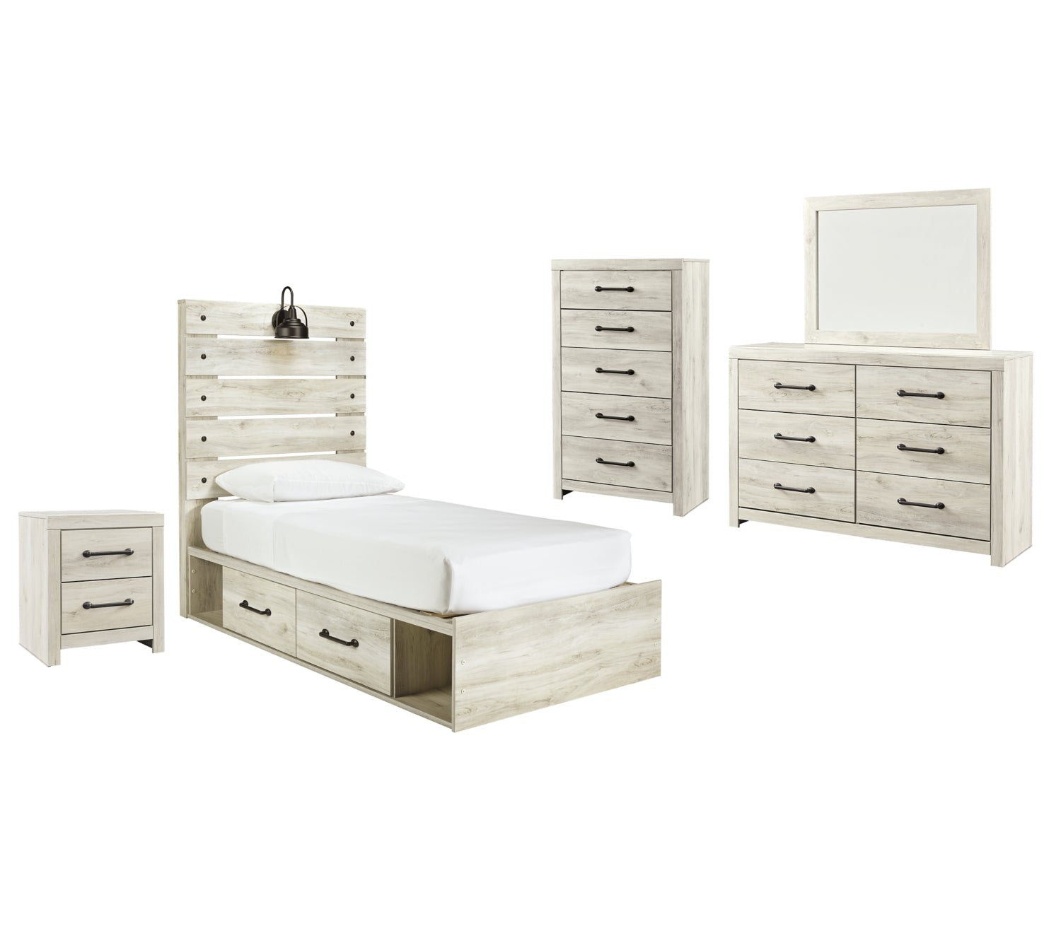 Cambeck Twin Panel Bed with 2 Storage Drawers with Mirrored Dresser, Chest and Nightstand - furniture place usa