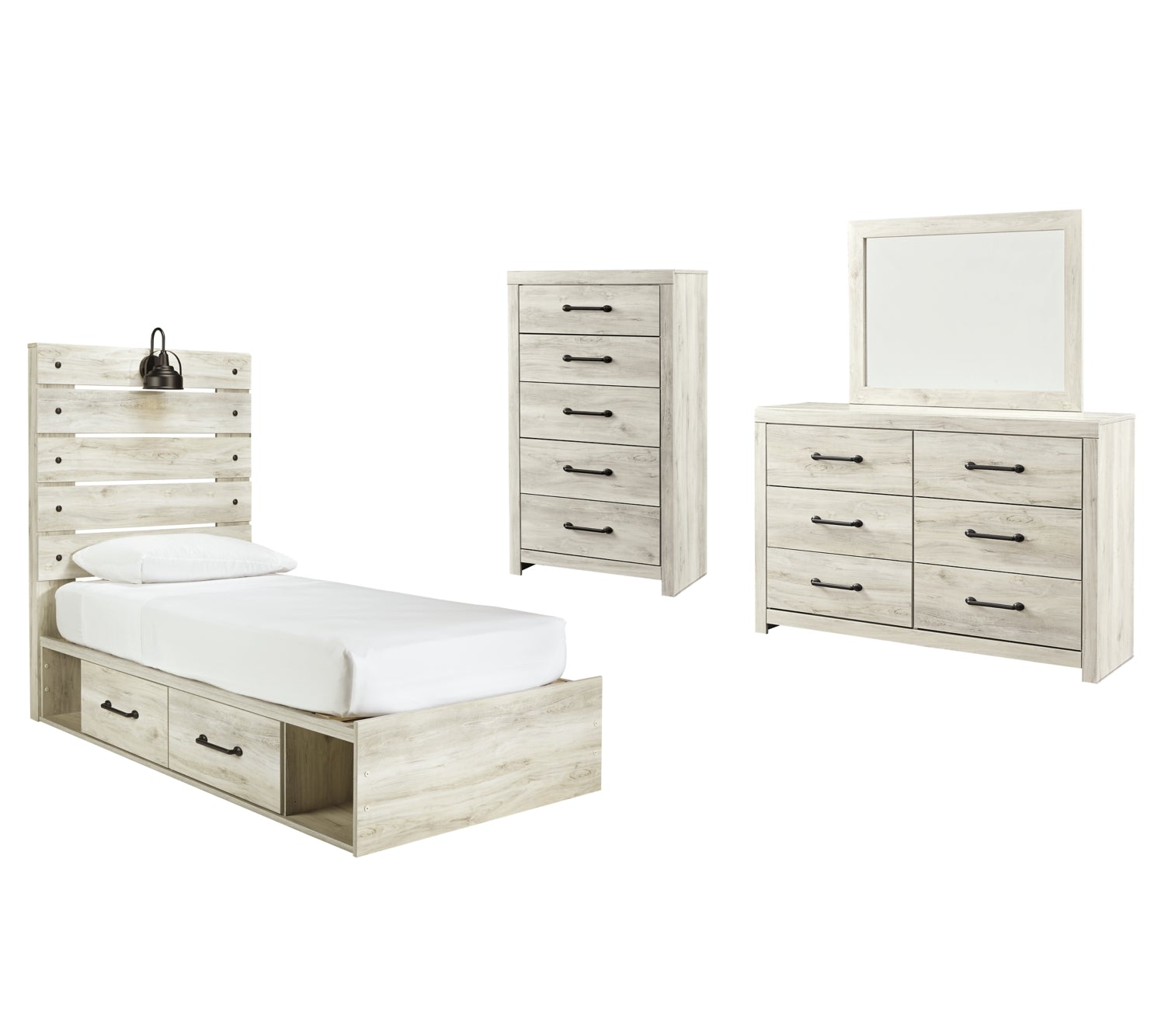 Cambeck Twin Panel Bed with 2 Storage Drawers with Mirrored Dresser and Chest - furniture place usa