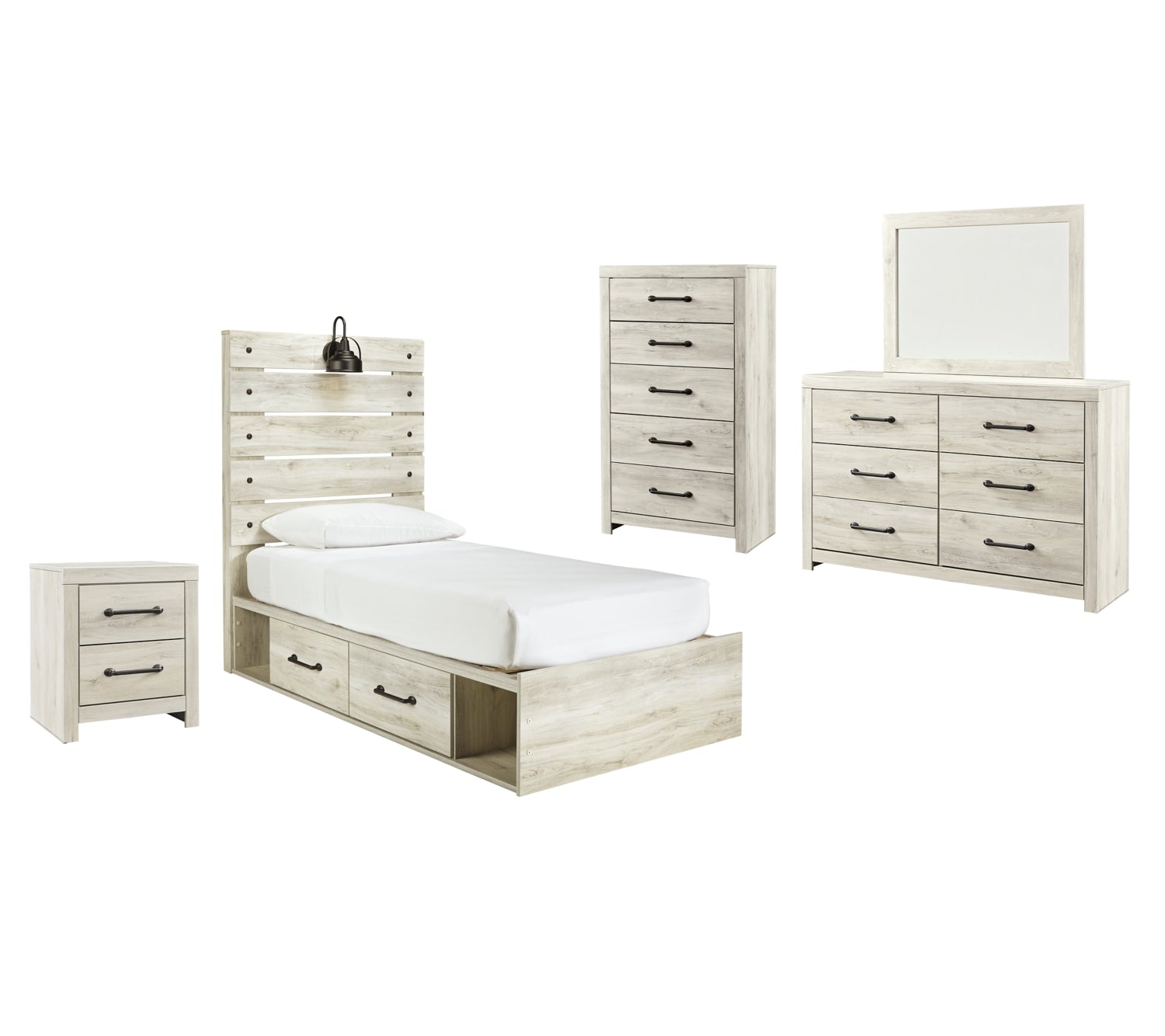 Cambeck Twin Panel Bed with 4 Storage Drawers with Mirrored Dresser, Chest and Nightstand - furniture place usa