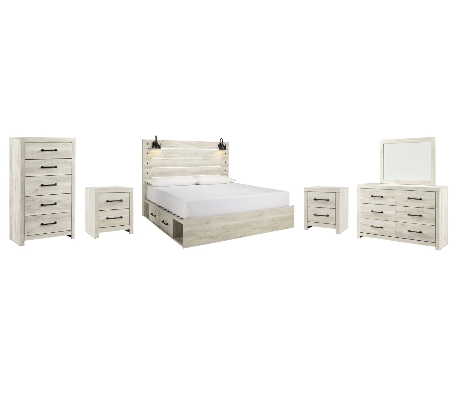 Cambeck Full Panel Bed with 4 Storage Drawers with Mirrored Dresser, Chest and 2 Nightstands - furniture place usa