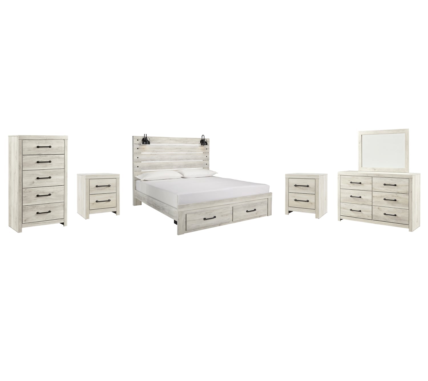Cambeck King Panel Bed with 2 Storage Drawers with Mirrored Dresser, Chest and 2 Nightstands - PKG003048 - furniture place usa