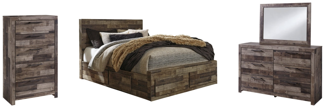 Derekson Queen Panel Bed with 4 Storage Drawers with Mirrored Dresser and Chest - furniture place usa