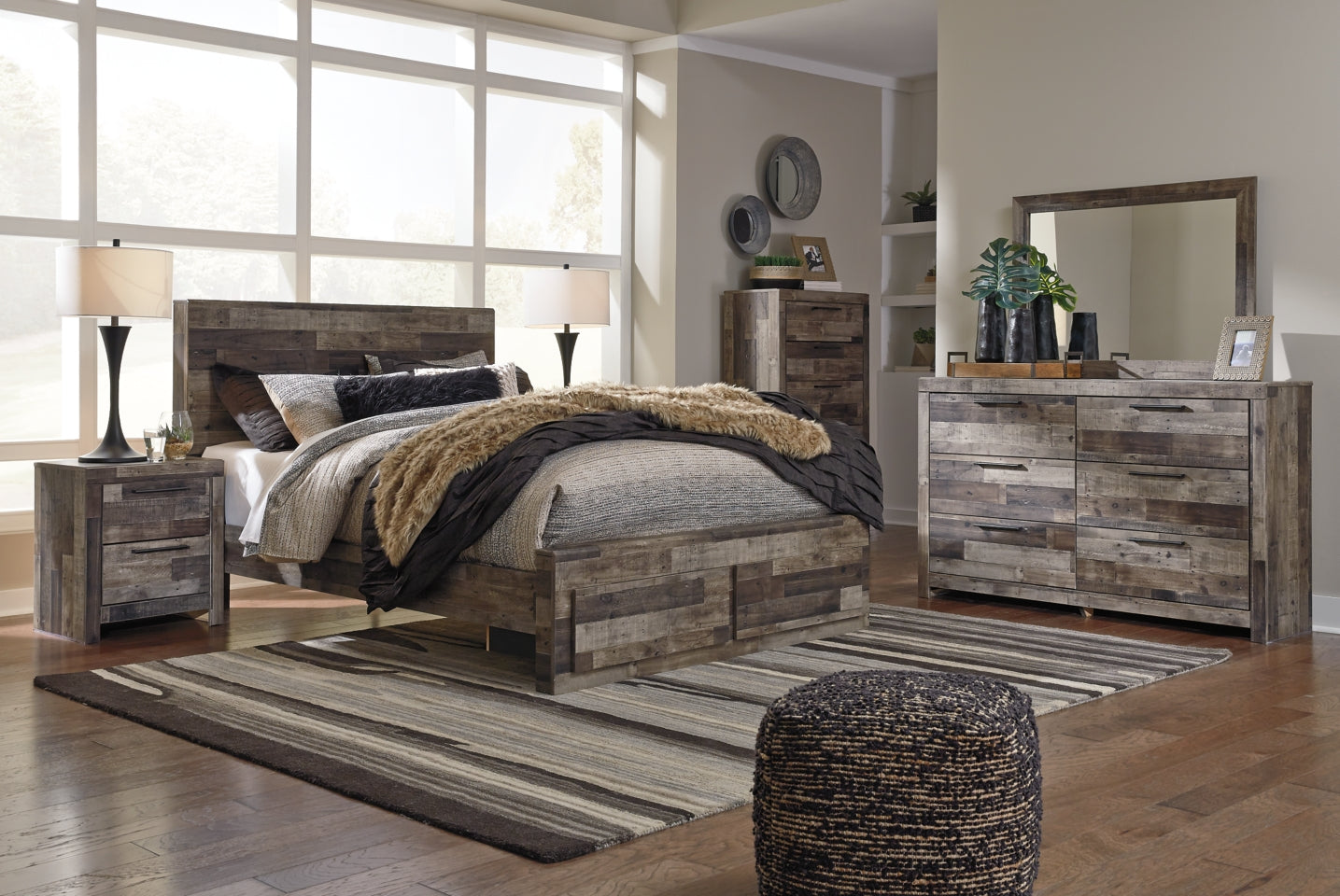 Derekson Queen Panel Bed with 2 Storage Drawers with Mirrored Dresser, Chest and 2 Nightstands - PKG003526 - furniture place usa