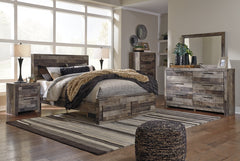 Derekson Queen Panel Bed with 2 Storage Drawers with Mirrored Dresser, Chest and 2 Nightstands - PKG003526 - furniture place usa