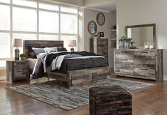 Derekson Queen Panel Bed with 2 Storage Drawers with Mirrored Dresser, Chest and 2 Nightstands - PKG003526 - furniture place usa