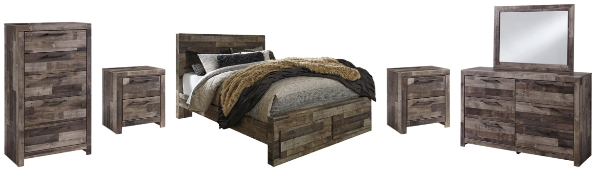Derekson Queen Panel Bed with 2 Storage Drawers with Mirrored Dresser, Chest and 2 Nightstands - PKG003526 - furniture place usa