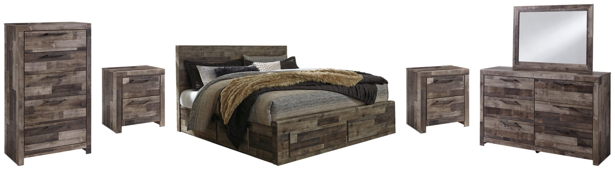 Derekson King Panel Bed with 4 Storage Drawers with Mirrored Dresser, Chest and 2 Nightstands - furniture place usa