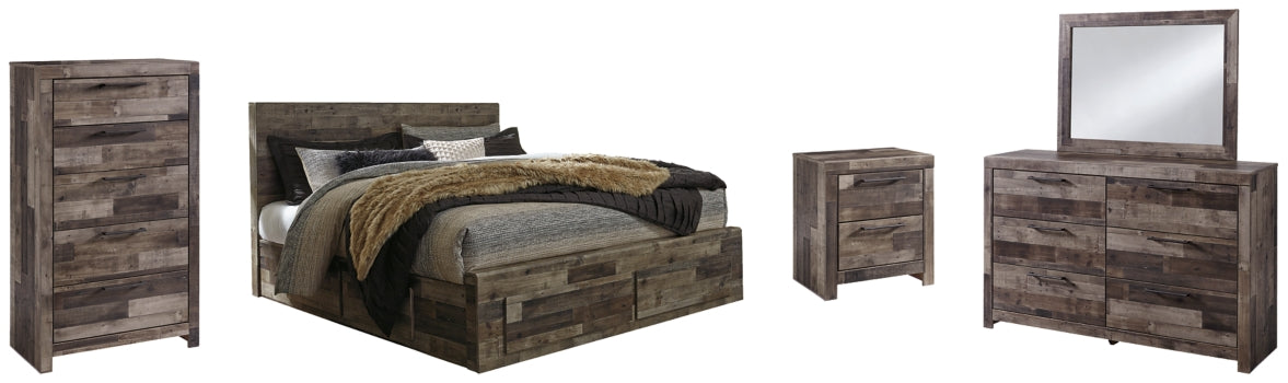Derekson King Panel Bed with 6 Storage Drawers with Mirrored Dresser, Chest and Nightstand - furniture place usa