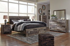 Derekson King Panel Bed with 2 Storage Drawers with Mirrored Dresser, Chest and 2 Nightstands - furniture place usa