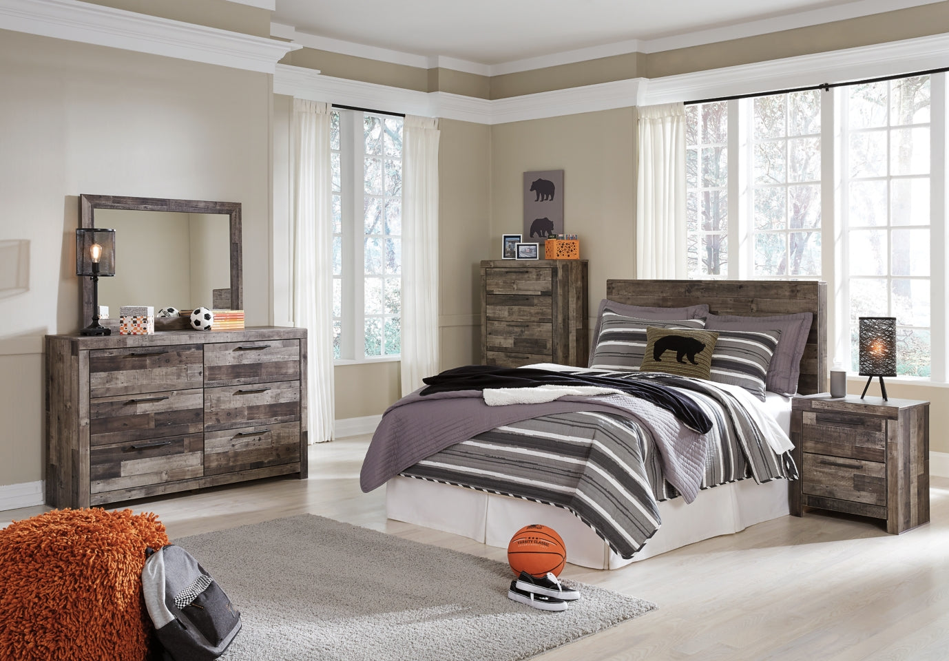 Derekson Full Panel Headboard Bed with Mirrored Dresser, Chest and Nightstand - furniture place usa