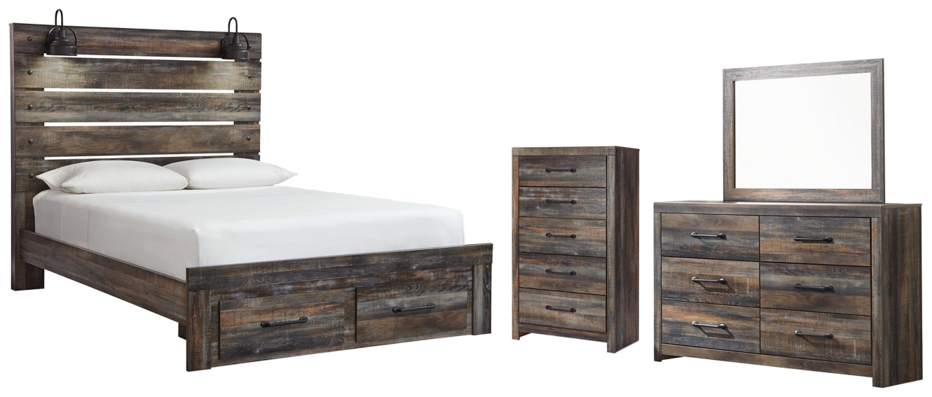 Drystan Queen Panel Bed with 2 Storage Drawers with Mirrored Dresser and Chest - PKG003255 - furniture place usa