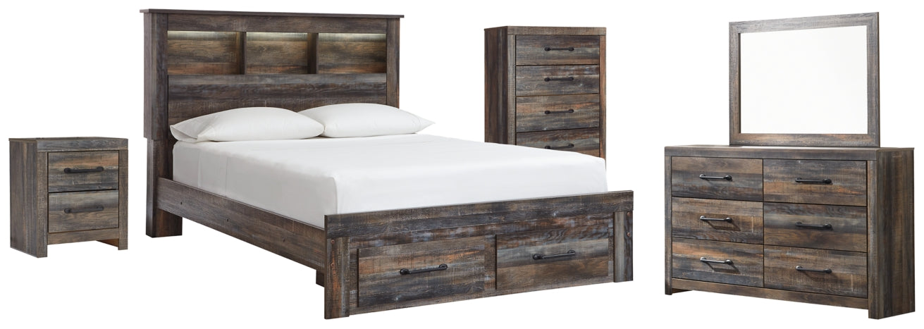 Drystan Queen Bookcase Bed with 2 Storage Drawers with Mirrored Dresser, Chest and Nightstand - PKG003244 - furniture place usa