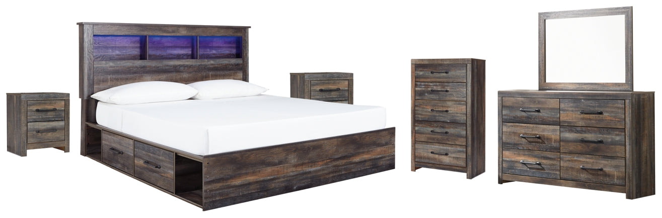 Drystan King Bookcase Bed with 2 Storage Drawers with Mirrored Dresser, Chest and 2 Nightstands - PKG003383 - furniture place usa