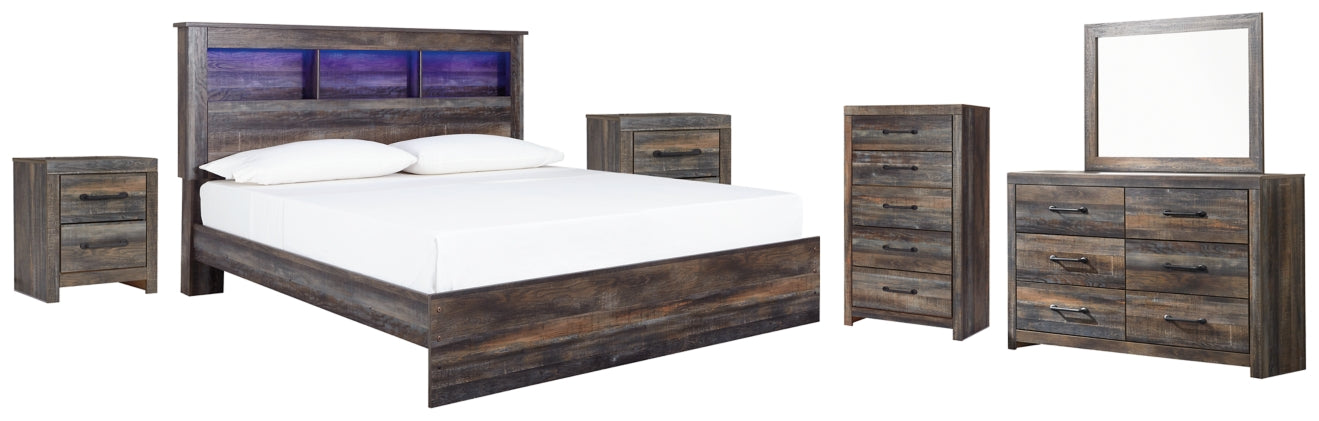 Drystan King Panel Bookcase Bed with Mirrored Dresser, Chest and 2 Nightstands - furniture place usa