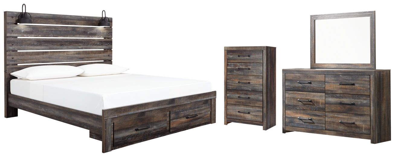 Drystan Queen Panel Bed with 2 Storage Drawers with Mirrored Dresser and Chest - PKG003255 - furniture place usa