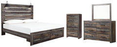 Drystan Queen Panel Bed with 2 Storage Drawers with Mirrored Dresser and Chest - PKG003255 - furniture place usa