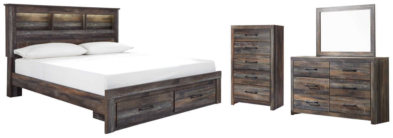 Drystan Queen Bookcase Bed with 2 Storage Drawers with Mirrored Dresser and Chest - PKG003243 - furniture place usa