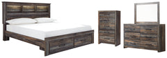Drystan Queen Bookcase Bed with 2 Storage Drawers with Mirrored Dresser and Chest - PKG003243 - furniture place usa