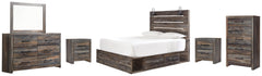 Drystan Queen Panel Bed with 4 Storage Drawers with Mirrored Dresser, Chest and 2 Nightstands - furniture place usa