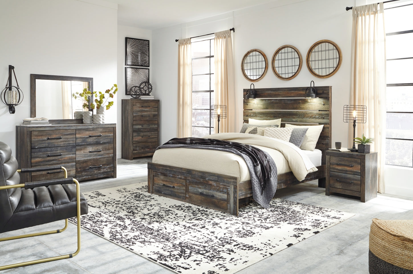 Drystan Queen Panel Bed with 2 Storage Drawers with Mirrored Dresser, Chest and Nightstand - PKG003256 - furniture place usa