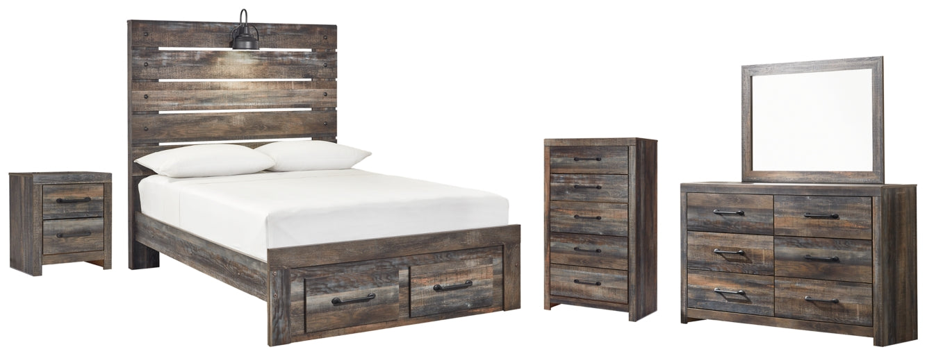 Drystan Queen Panel Bed with 2 Storage Drawers with Mirrored Dresser, Chest and Nightstand - PKG003256 - furniture place usa