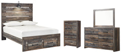 Drystan Queen Panel Bed with 2 Storage Drawers with Mirrored Dresser and Chest - PKG003255 - furniture place usa