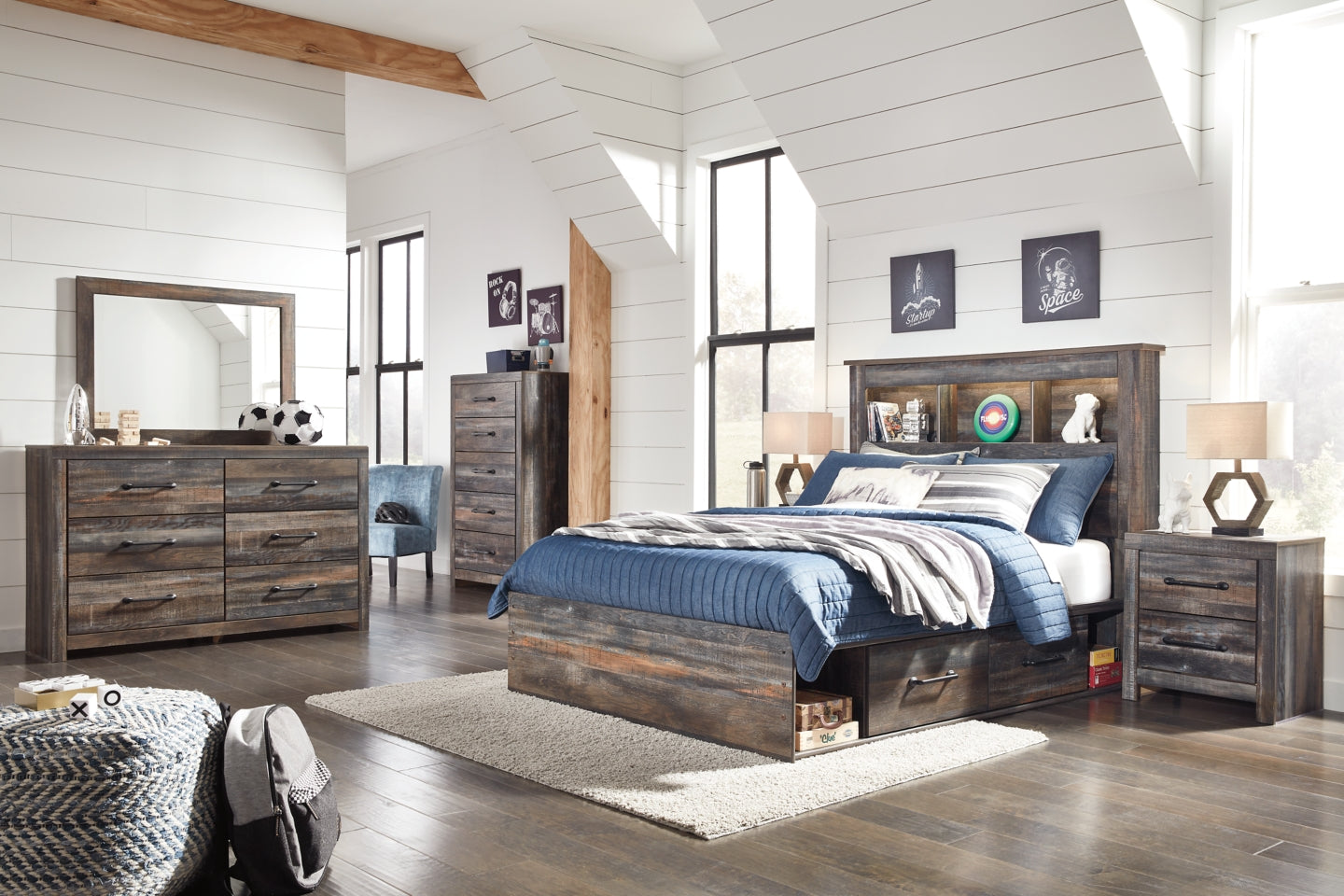 Drystan Full Bookcase Bed with 2 Storage Drawers with Mirrored Dresser and 2 Nightstands - PKG003332 - furniture place usa