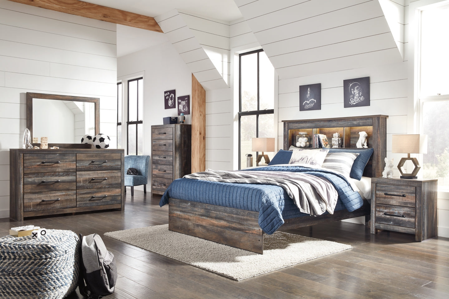 Drystan Full Bookcase Bed with Mirrored Dresser - PKG003350 - furniture place usa