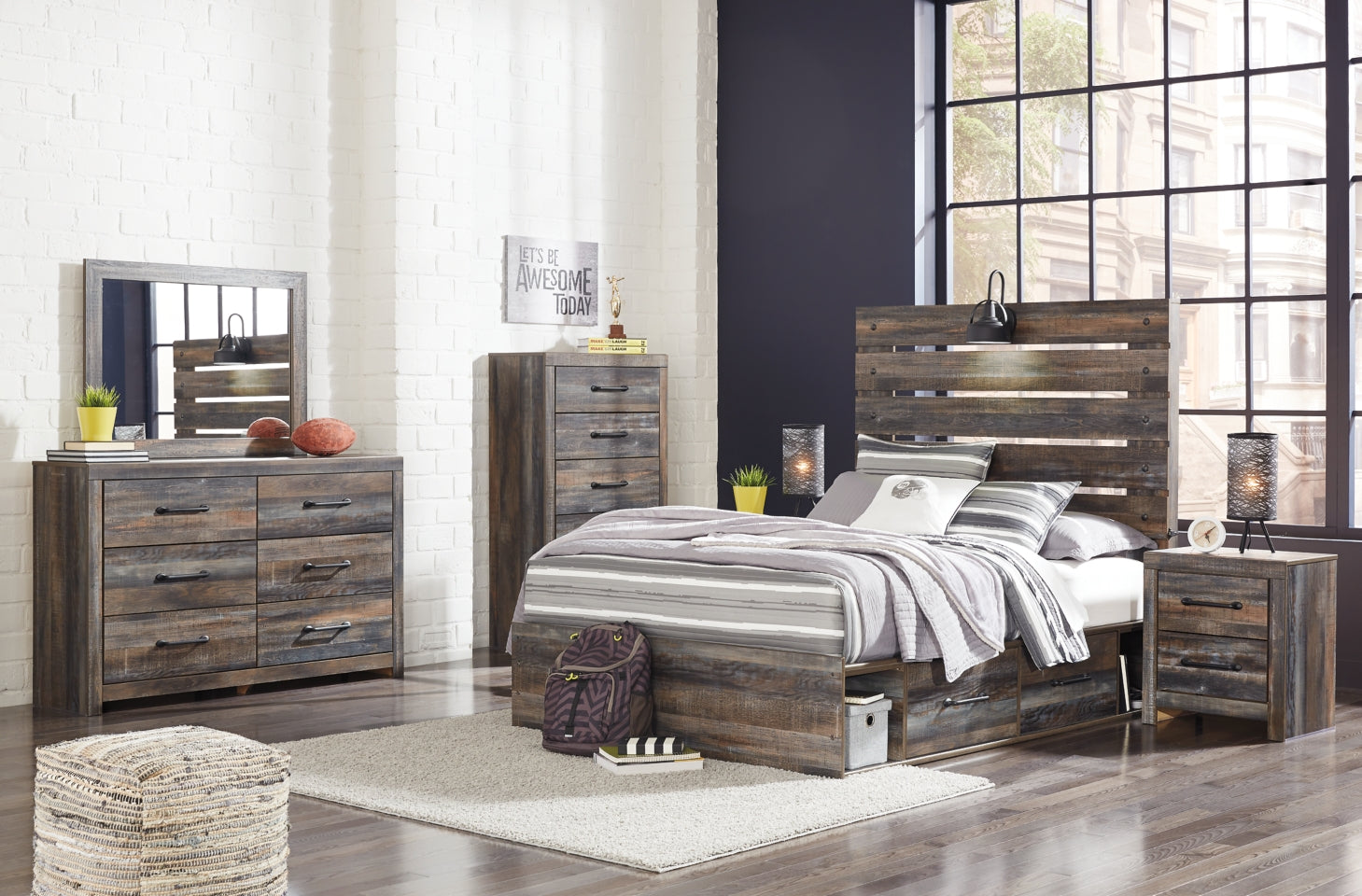 Drystan Full Panel Headboard Bed with Mirrored Dresser, Chest and 2 Nightstands - furniture place usa