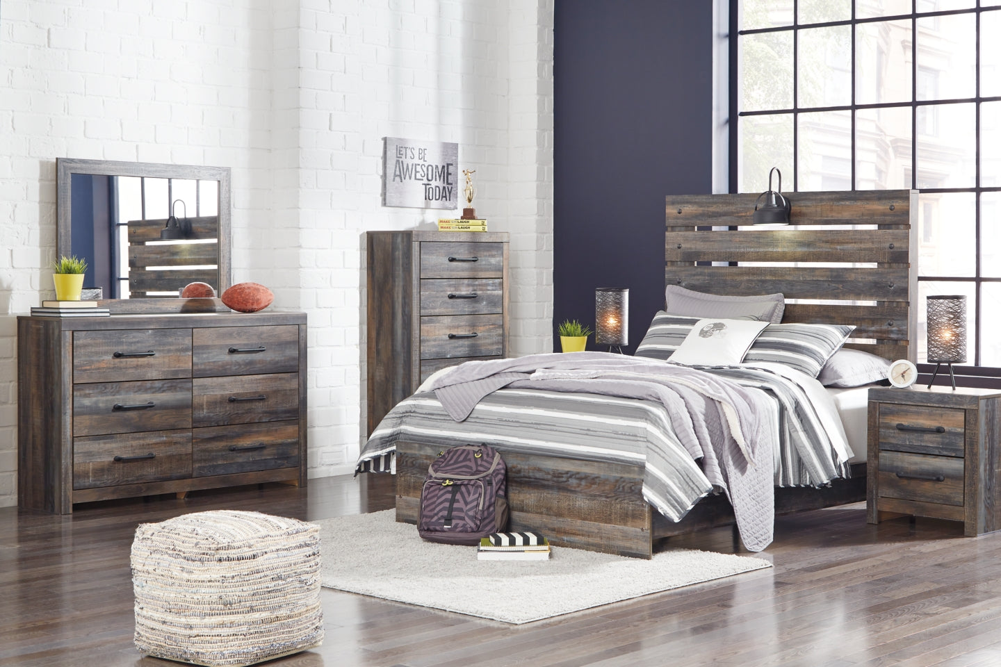 Drystan Full Panel Bed with Mirrored Dresser and Chest - furniture place usa