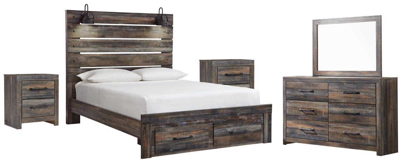 Drystan Queen Panel Bed with 2 Storage Drawers with Mirrored Dresser and 2 Nightstands - PKG003254 - furniture place usa