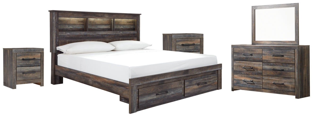 Drystan Queen Bookcase Bed with 2 Storage Drawers with Mirrored Dresser and 2 Nightstands - PKG003242 - furniture place usa