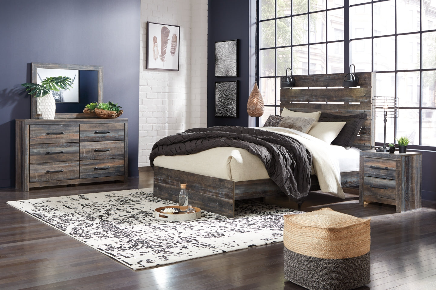Drystan Full Panel Bed with Mirrored Dresser and Chest - furniture place usa