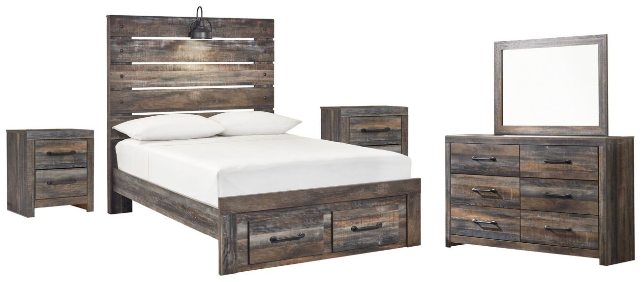 Drystan Queen Panel Bed with 2 Storage Drawers with Mirrored Dresser and 2 Nightstands - PKG003254 - furniture place usa